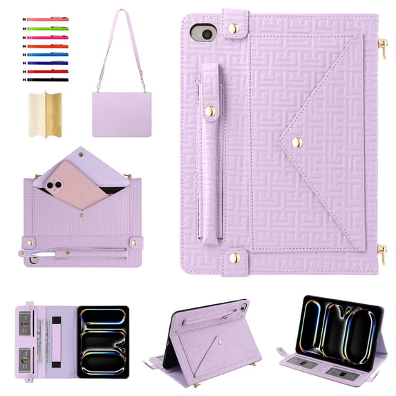 Handbag Case for iPad Mini 5/4/3/2/1, Flip Folio Stand Crossbody Wallet Case with S Pen Holder & Card Slots Pocket, Hand Strap & Shoulder Strap Shockproof Protective Cover,Purple