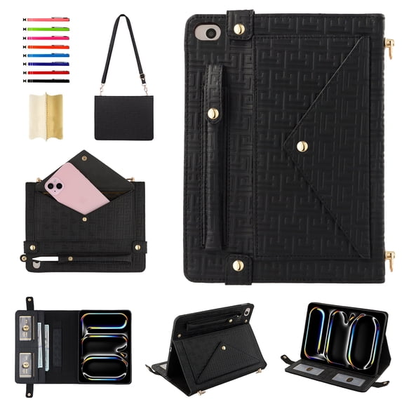Handbag Case for iPad Mini 5/4/3/2/1, Flip Folio Stand Crossbody Wallet Case with S Pen Holder & Card Slots Pocket, Hand Strap & Shoulder Strap Shockproof Protective Cover,Black