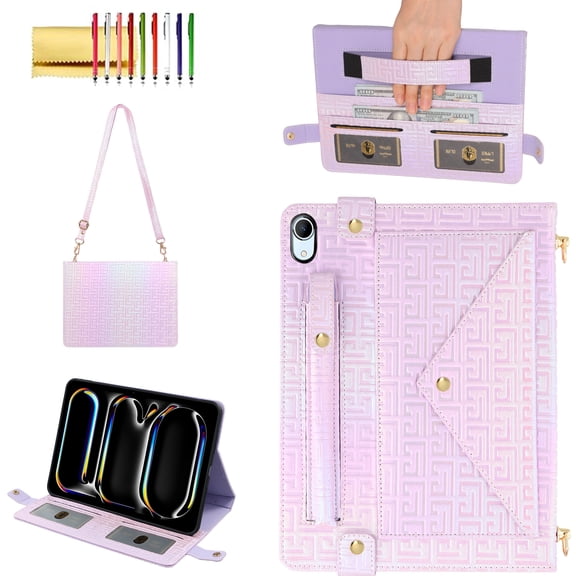 Handbag Case for iPad Mini 7 (A17 Pro) Case 2024/ iPad Mini 6 8.3 Inch, Folio Stand PU Leather Crossbody Cover with Pencil Holder+Card Slots Wallet Case with Shoulder Strap+Hand Strap, Purple