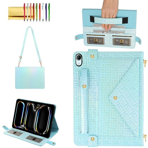 Handbag Case for iPad Mini 7 (A17 Pro) Case 2024/ iPad Mini 6 8.3 Inch, Folio Stand PU Leather Crossbody Cover with Pencil Holder+Card Slots Wallet Case with Shoulder Strap+Hand Strap, Blue