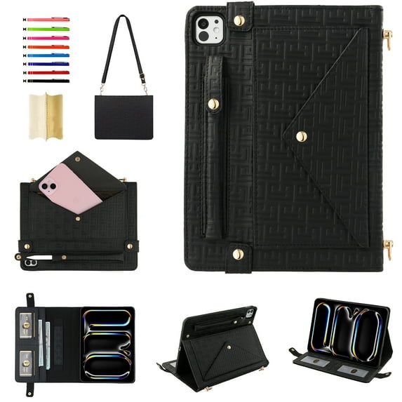 Handbag Case for iPad Pro 12.9" 2022/2018/2020/2021 Air13"2024, Flip Folio Stand Crossbody Wallet Case with S Pen Holder & Card Slots Pocket, Hand Strap & Shoulder Strap Protective Case,Black