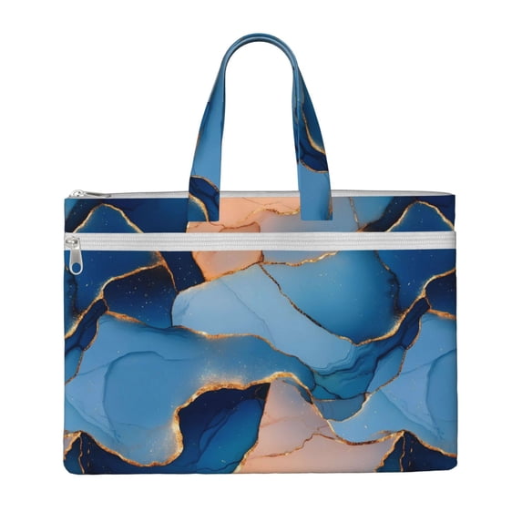 Handbag File Bag 15×10.6in Large Capacity Double Pocket Designed For Work Travel Travel Shopping Blue And Beige Gold Marble