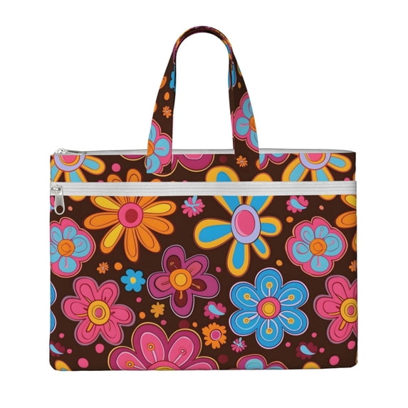 Handbag File Bag 15×10.6in Large Capacity Double Pocket Designed For Work Travel Travel Shopping Retro Groovy Flowers Pattern (8)