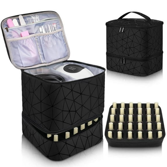 Handbag Nail Polish Gel Double Layer 30 Grids with Handle Nail Organizer Manicure Bag Makeup Bag Cosmetic Organizer Bag BLACK