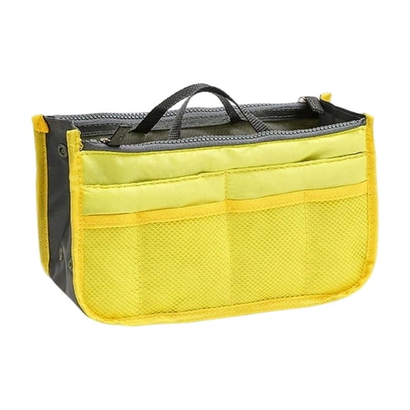 Handbag Organizer Double Zipper Large Capacity Liner Bag with Mesh Pockets, Foldable Insert for Purse, Tote, Travel, Yellow