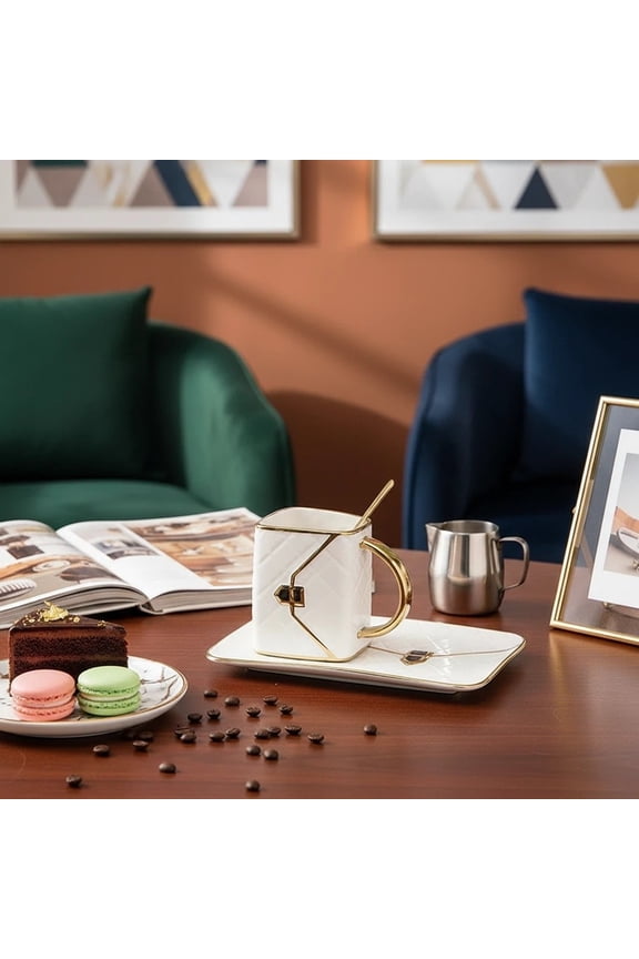 Handbag Shaped Ceramic Coffee Mug With Tray - Elegant Gold Trim, Fashion Gift For Women, Mothers Day, Birthday, Or Bridal Showers.