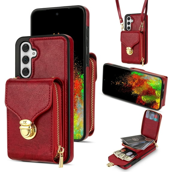 Handbag Wallet Case for Samsung Galaxy S24 Plus with Shoulder Strap, with Back Card Slots Holder PU Leather Magnetic Snap Zipper Flip Purse Shockproof Phone Cover for Galaxy S24 Plus - Red