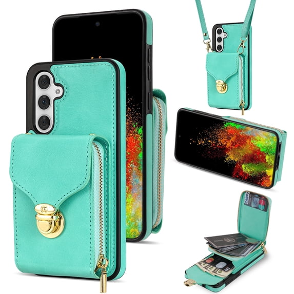 Handbag Wallet Case for Samsung Galaxy S24 with Shoulder Strap, with Back Card Slots Holder PU Leather Magnetic Snap Zipper Flip Purse Shockproof Phone Cover for Galaxy S24 - Mint
