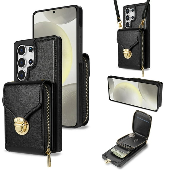 Handbag Wallet Case for Samsung Galaxy S25 Ultra with Shoulder Strap, with Back Card Slots Holder PU Leather Magnetic Snap Zipper Flip Purse Shockproof Phone Cover for Galaxy S25 Ultra - Black