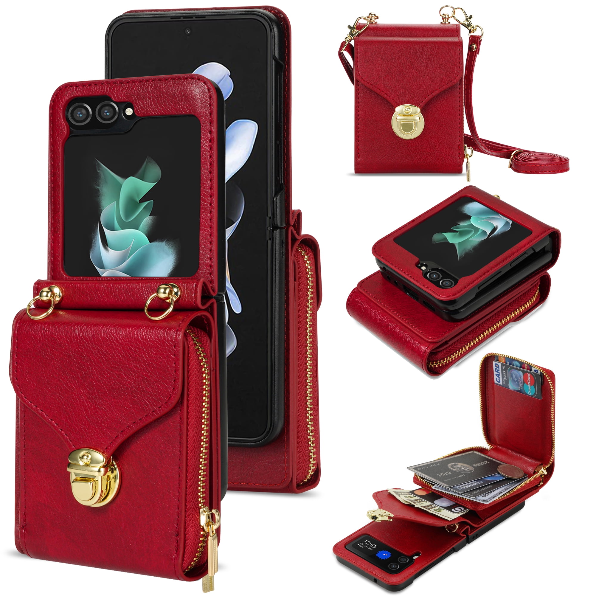 Handbag Wallet Case for Samsung Galaxy Z Flip 6 with Shoulder Strap, with Back Card Slots Holder PU Leather Magnetic Snap Zipper Flip Purse Shockproof Phone Cover for Galaxy Z Flip 6 - Red