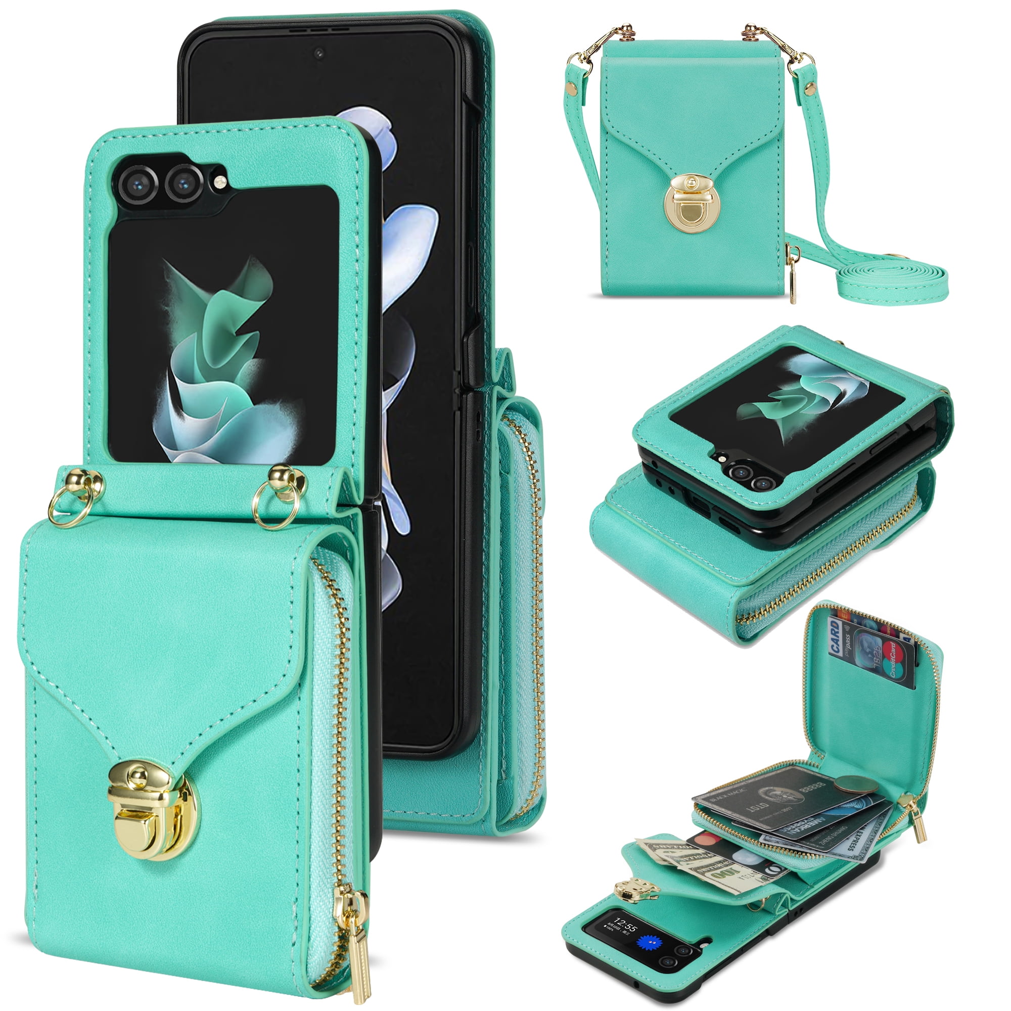 Handbag Wallet Case for Samsung Galaxy Z Flip 6 with Shoulder Strap, with Back Card Slots Holder PU Leather Magnetic Snap Zipper Flip Purse Shockproof Phone Cover for Galaxy Z Flip 6 - Mint