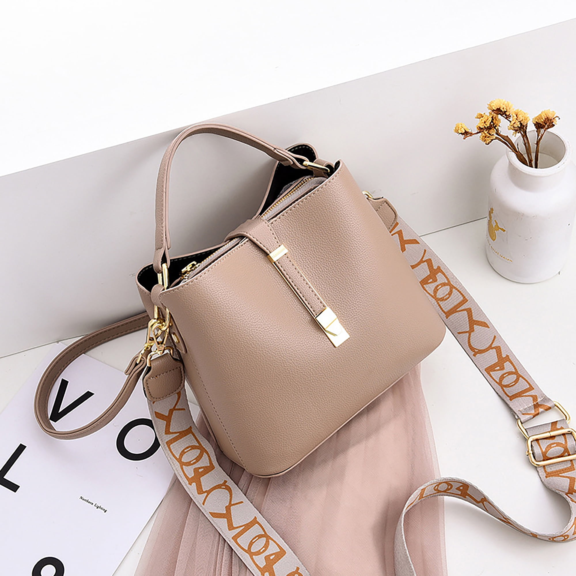 Handbag for Women, Gmyle PU Leather Shoulder Crossbody Tote Bucket Bag Korean Style Fashion with 2 Removable Straps Design Wide, Gift for Mother Wife