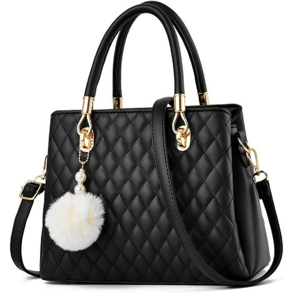 Handbag for Women PU Leather Purse Top Handle Quilted Shoulder Bag Tote Satchel for Ladies with Pompon