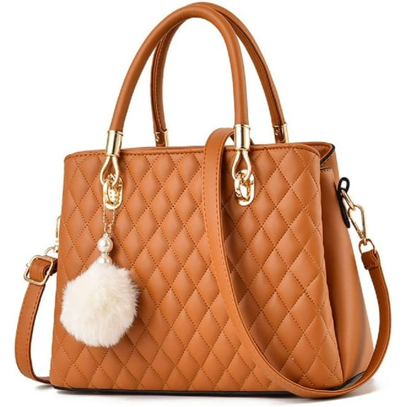 Handbag for Women PU Leather Purse Top Handle Quilted Shoulder Bag Tote Satchel for Ladies with Pompon