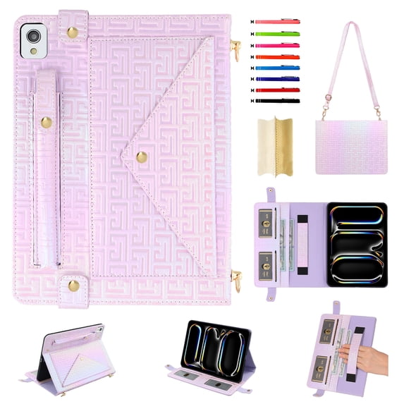Handbag for iPad 10.2" 2021/2020/2019/Air 3/Pro 10.5", Stand PU Leather Protection Cover with Crossbody Strap&Handstrap with elastic, Multi-Card Slots Cash Pocket Pen Slot Envelope Case, Purple