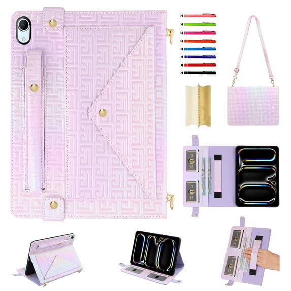 Handbag for iPad (A16) 11th Gen 2025 / iPad 10th Gen 2022, Stand PU Leather Protection Cover with Crossbody Strap&Handstrap with elastic, Multi-Card Slots Cash Pocket Pen Slot Envelope Case, Purple
