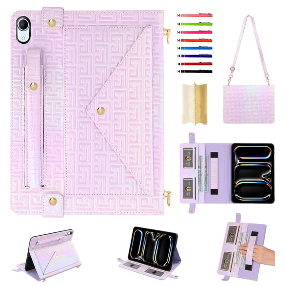 Handbag for iPad (A16) 11th Gen 2025 / iPad 10th Gen 2022, Stand PU Leather Protection Cover with Crossbody Strap&Handstrap with elastic, Multi-Card Slots Cash Pocket Pen Slot Envelope Case, Purple