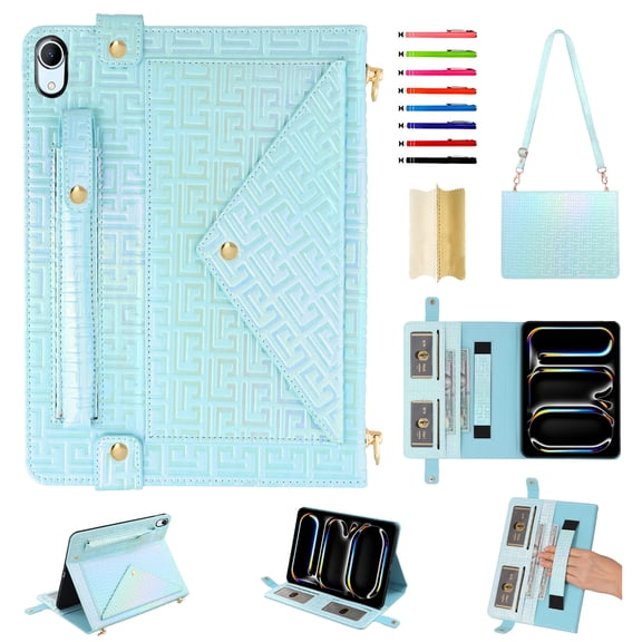 Handbag for iPad (A16) 11th Gen 2025 / iPad 10th Gen 2022, Stand PU Leather Protection Cover with Crossbody Strap&Handstrap with elastic, Multi-Card Slots Cash Pocket Pen Slot Envelope Case, Blue