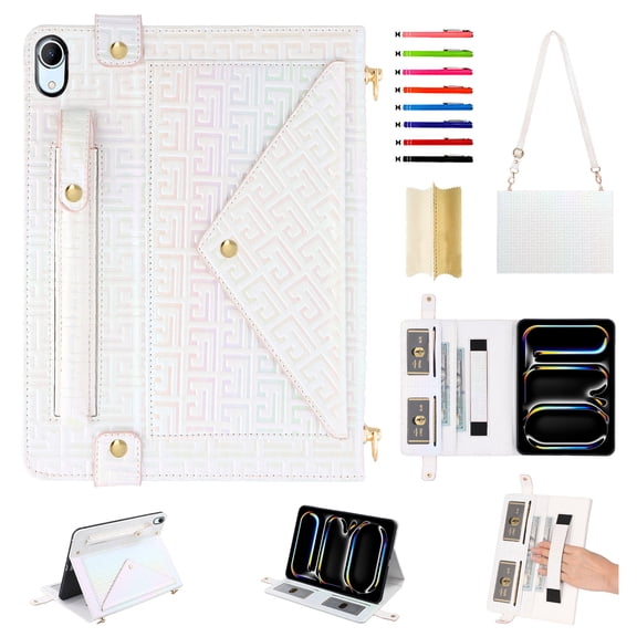 Handbag for iPad (A16) 11th Gen 2025 / iPad 10th Gen 2022, Stand PU Leather Protection Cover with Crossbody Strap&Handstrap with elastic, Multi-Card Slots Cash Pocket Pen Slot Envelope Case, White