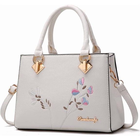 Handbags for Women Top Handle Purse Faux Leather Satchel Bag Floral Embroidery Purses Medium Tote Bags Shoulder Bag