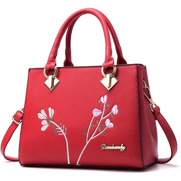 Handbags for Women Top Handle Purse Faux Leather Satchel Bag Floral Embroidery Purses Medium Tote Bags Shoulder Bag