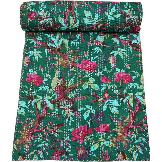 Handblock Multi Animal Bird Print Handmade Cotton Kantha Quilting Throw