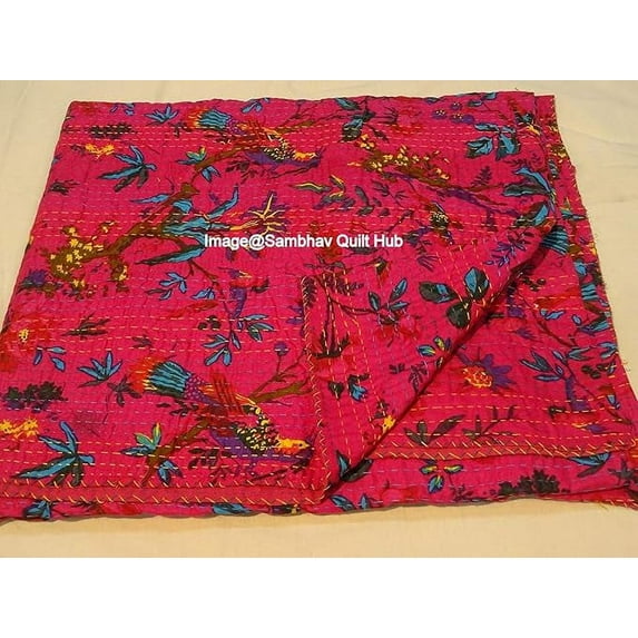 Handblock Multi Animal Bird Print Handmade Cotton Kantha Quilting Throw Blanket Hippie Queen/King Size Bohemian Block Kantha Quilt With 2 Pillow Cover