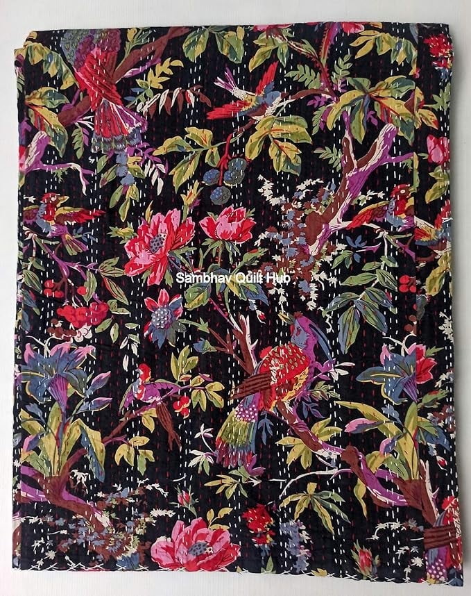 Handblock Multi Animal Bird Print Handmade Cotton Kantha Quilting Throw