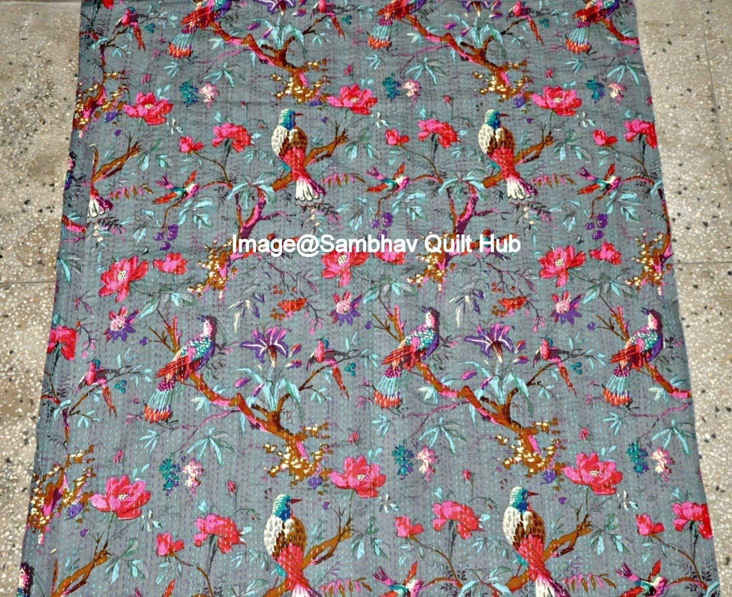 Sambhav Quilt Hub Handblock Dier Print Handgemaakte Katoen Kantha Quilten Boho Beddengoed Gooi Deken Hippie Queen/King Size Bohemian Blok Kantha Quilt