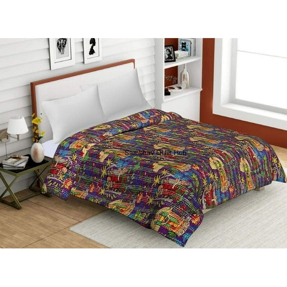 Handblock Multi Floral Farida Kahalo Print Handmade Cotton Kantha Quilting Throw Blanket Hippie Queen/King Size Bohemian Block Kantha Quilt With 2 Pillow Cover