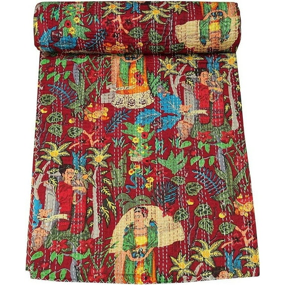 Handblock Multi Floral Farida Kahalo Print Handmade Cotton Kantha Quilting Throw Blanket Hippie Queen/King Size Bohemian Block Kantha Quilt With 2 Pillow Cover