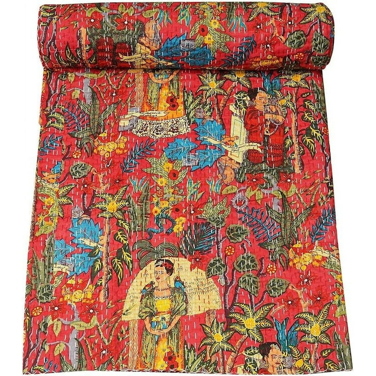 Red Floral Hand Block Printed Cotton Kantha Throw - Double bed Size Red Floral Hand Block Printed Cotton Kantha Throw - Double bed Size