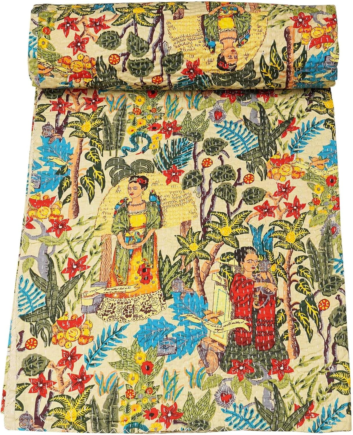 Handblock Multi Floral Print Handmade Cotton Kantha Quilting Throw