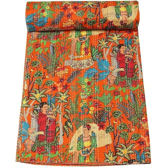 Handblock Multi Floral Print Handmade Cotton Kantha Quilting Throw Blanket Hippie Queen/King Size Bohemian Block Kantha Quilt With 2 Pillow Cover