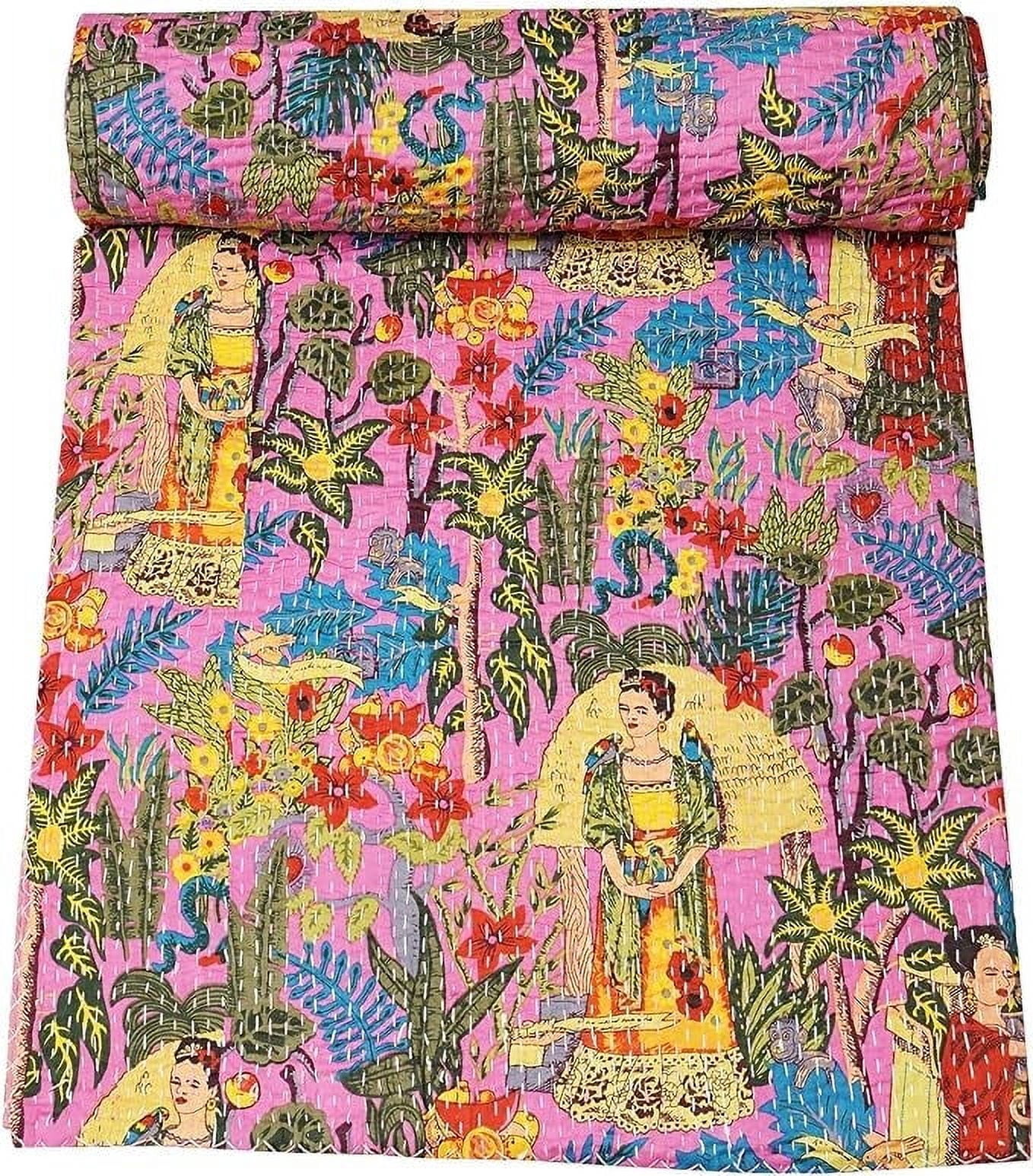 Sambhav Quilt Hub Roze handblok dierenprint handgemaakt katoen Kantha quilten Boho beddengoed deken hippie queen/kingsize Boheemse blok Kantha quilt (90 x 108 inch (tweepersoons/queen