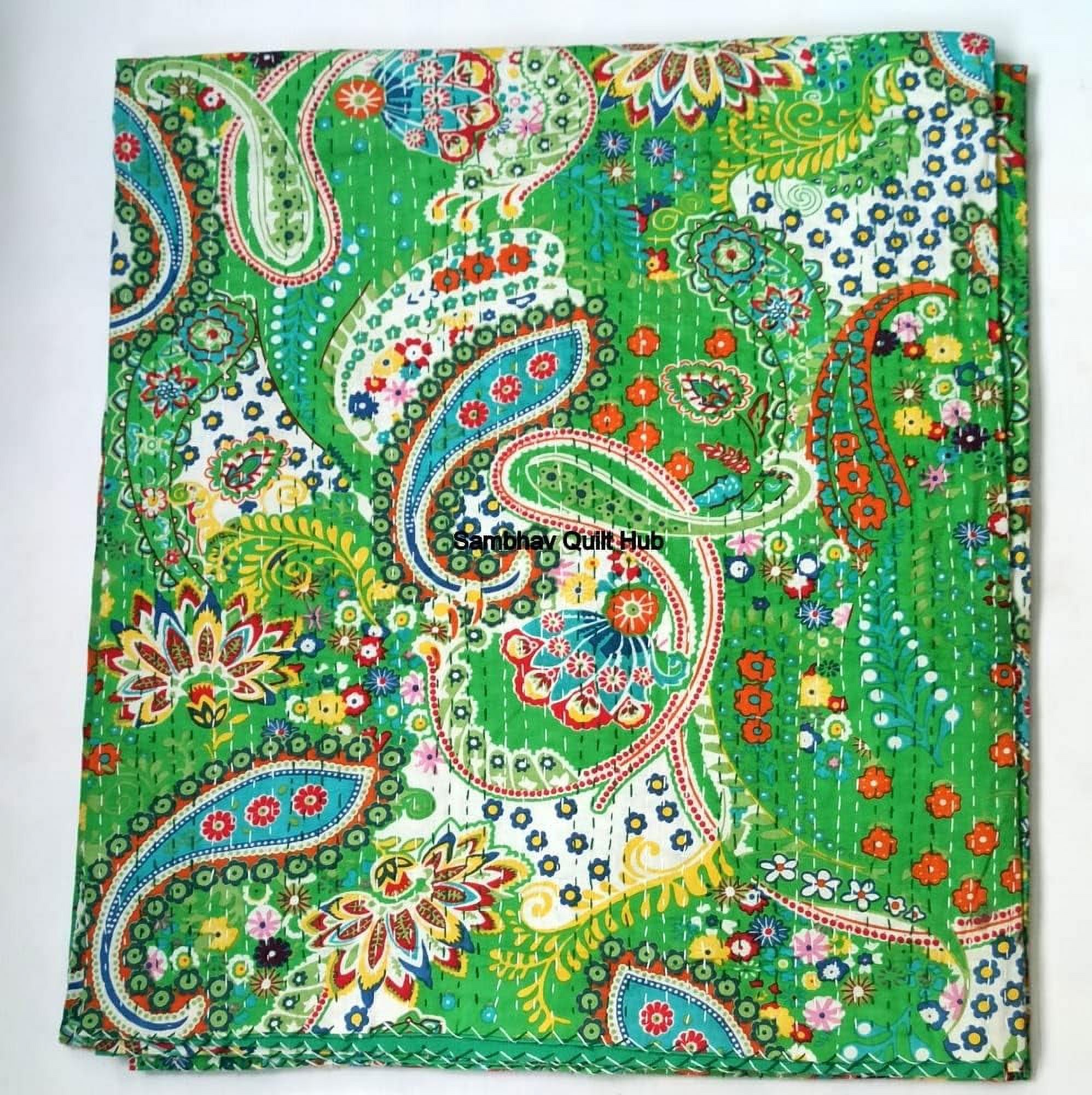 Queen Size Cotton Kantha Quilt - Reversible Fruit Print Throw Blanket, Handmade