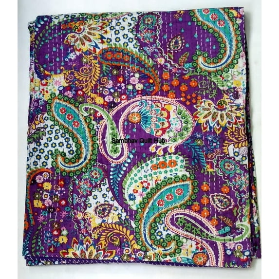 Handblock Multi Pasiely Print Handmade Cotton Kantha Quilting Throw Blanket Hippie Queen/King Size Bohemian Block Kantha Quilt