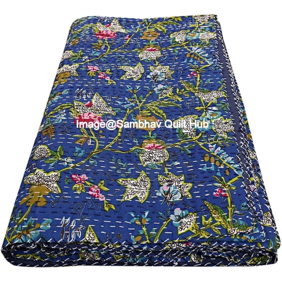 Handblock Multi Vintage BirdParadisePrint Handmade Cotton Kantha Quilting Throw Blanket Hippie Queen/King Size Bohemian Block Kantha Quilt with 2 pillow cover