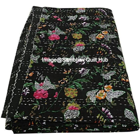 Handblock Multi Vintage BirdParadisePrint Handmade Cotton Kantha Quilting Throw Blanket Hippie Queen/King Size Bohemian Block Kantha Quilt
