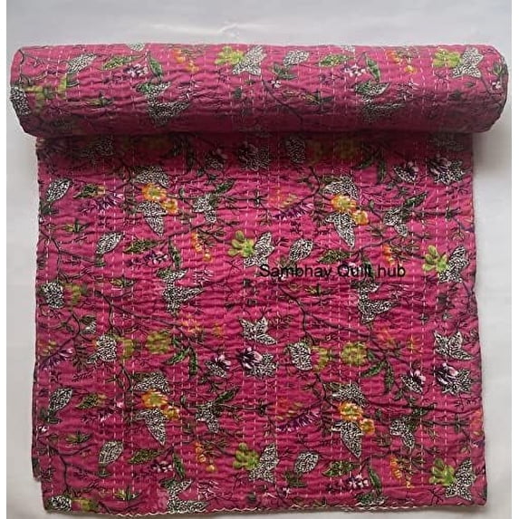 Handblock Multi Vintage BirdParadisePrint Handmade Cotton Kantha Quilting Throw Blanket Hippie Queen/King Size Bohemian Block Kantha Quilt with 2 pillow cover