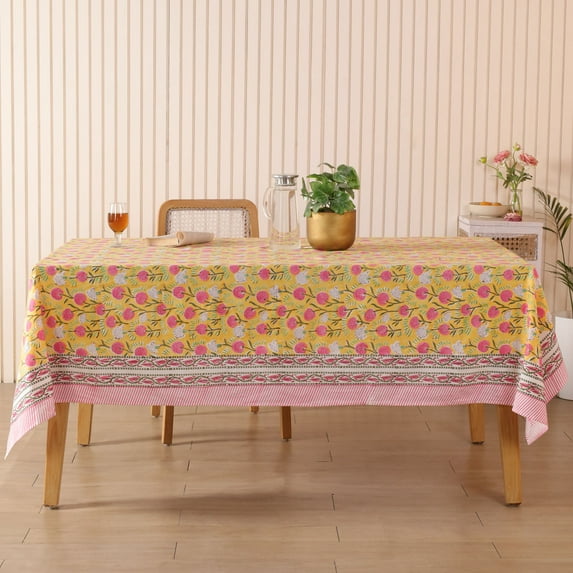 Handblock Print Cotton Tablecloth – Red Floral Cotton Indian Table Cover with Floral Block Print – Washable Dining Table Linen (72x108 Inches)