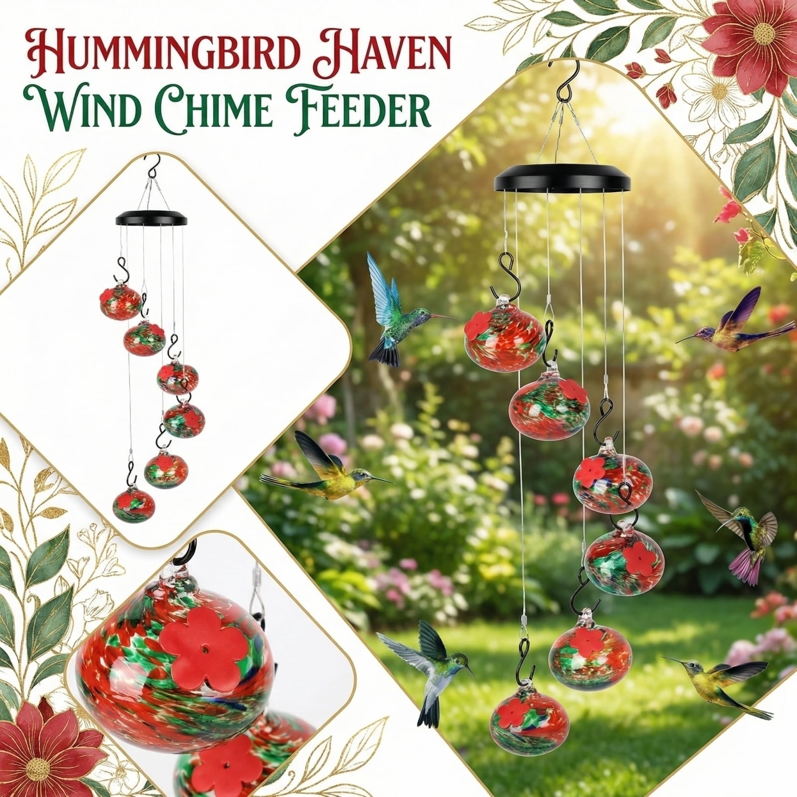 Handblown Glass Hummingbird Feeder Wind Chime with 6 Feeding Stations, Solar Powered Outdoor Hanging Bird Feeder for Garden Yard Decor, Vibrant Leak-Proof Hummingbird Habitat