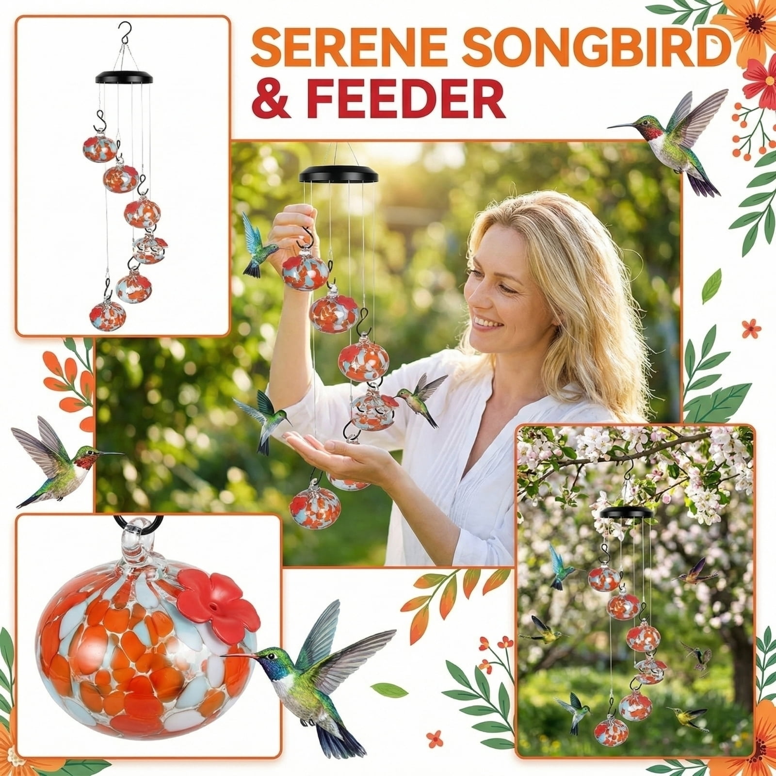 Handblown Glass Hummingbird Feeder Wind Chime with 6 Feeding Stations, Solar Powered Outdoor Hanging Bird Feeder for Garden Yard Decor, Vibrant Leak-Proof Hummingbird Habitat