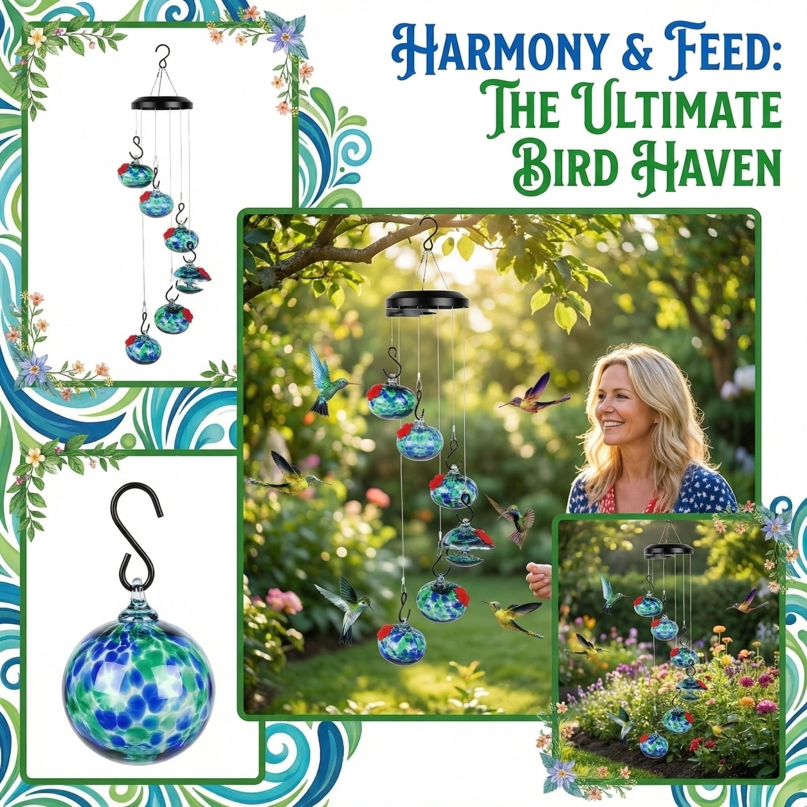 Handblown Glass Hummingbird Feeder Wind Chime with 6 Feeding Stations, Solar Powered Outdoor Hanging Bird Feeder for Garden Yard Decor, Vibrant Leak-Proof Hummingbird Habitat