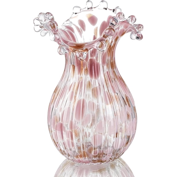 Handblown Glass Vase, Modern Art Flower Vase with Pink Petal Decorative for Home Decor, 8.5 inch Tall for Living Room Dining Tabletop Centerpiece Statement Office Decoration