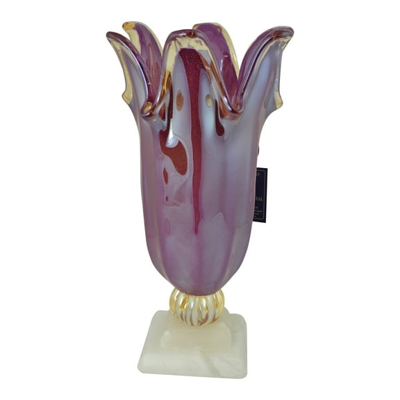 Handblown Glass Vase in Purple and Gold Multicolored with Gold Tones