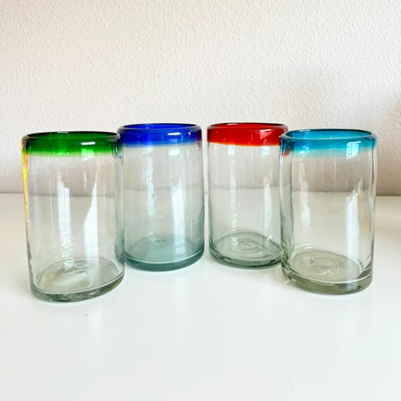 Handblown Mexican Chili Pepper Glasses, Set of 2 or 4, 10 oz (Set of 4 Rim Mix color)