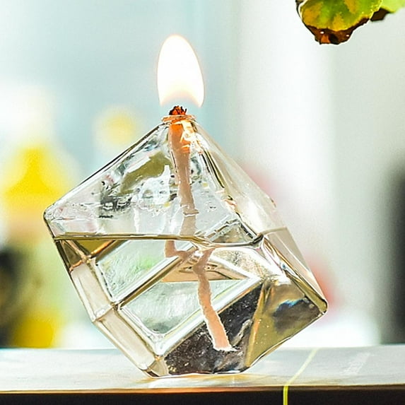 Handblown Refillable Glass Liquid Candle Burning Lamp Glass Oil Burning Lamp for Friend - Cubic