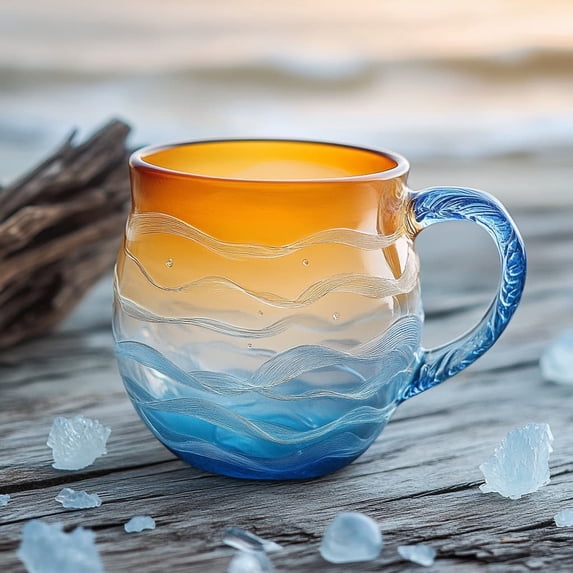 Handblown Sea Glass Sunset Mug - Wave Pattern Beach Themed Glass Mug, Handcrafted Inspired Drinkware, Durable Tea Coffee Mug, Perfect Gift for Beach Lovers, Home Kitchen Bar Decor Cup, 4in, Colorful