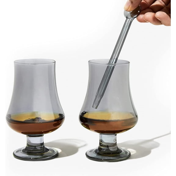 Handblown Whiskey Tasting Set of 2, 5-ounce Whisky Glasses with Water Dropper Pipette - Snifter for Sipping Bourbon Copita Scotch Glass Set for Nosing and Drinking Spirits